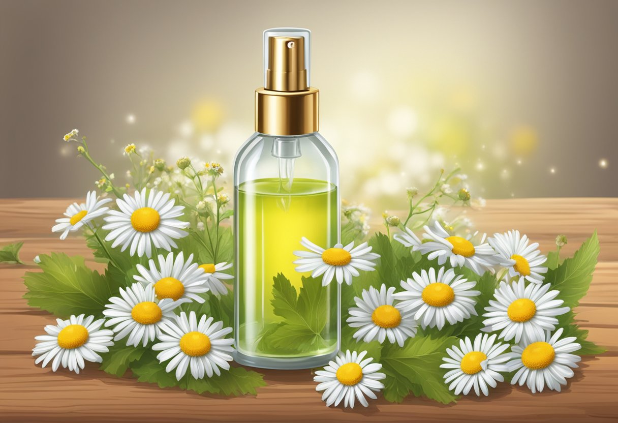 A clear glass spray bottle filled with chamomile and witch hazel face mist surrounded by fresh chamomile flowers and witch hazel leaves on a wooden table