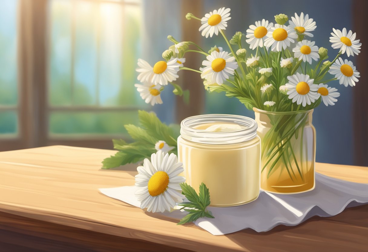A jar of chamomile and shea butter balm sits on a wooden table, surrounded by fresh chamomile flowers and shea nuts. The sunlight streams in through a nearby window, casting a warm glow over the scene
