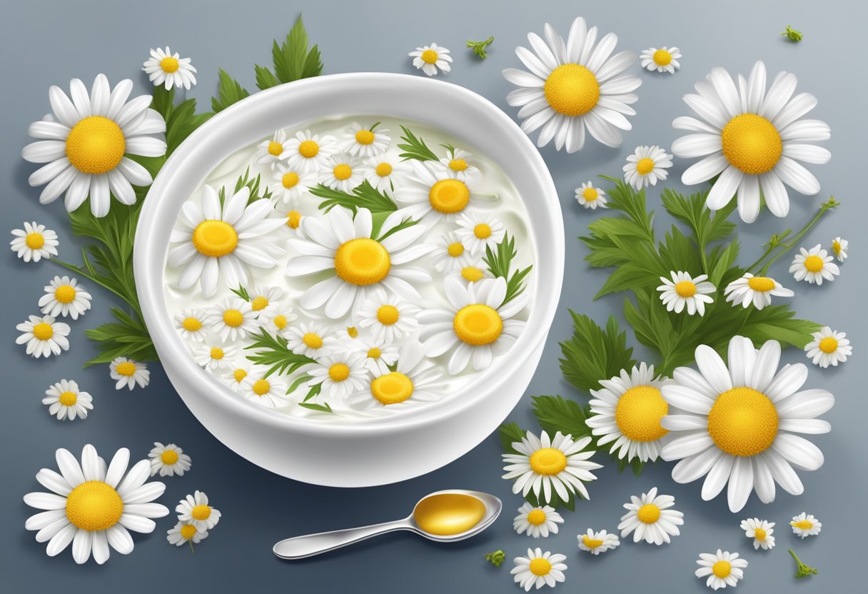 A white bowl filled with chamomile and yogurt face pack, surrounded by fresh chamomile flowers and a spoon