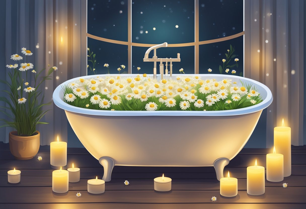 A ceramic bathtub filled with chamomile flowers and rice water, surrounded by soft candlelight and a calming atmosphere