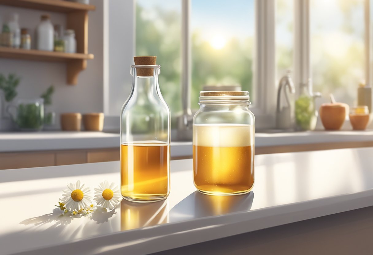 A small glass bottle filled with chamomile and apple cider vinegar sits on a clean, white countertop. The sunlight streaming through the window highlights the mixture inside, creating a warm and inviting scene for the illustrator to recreate