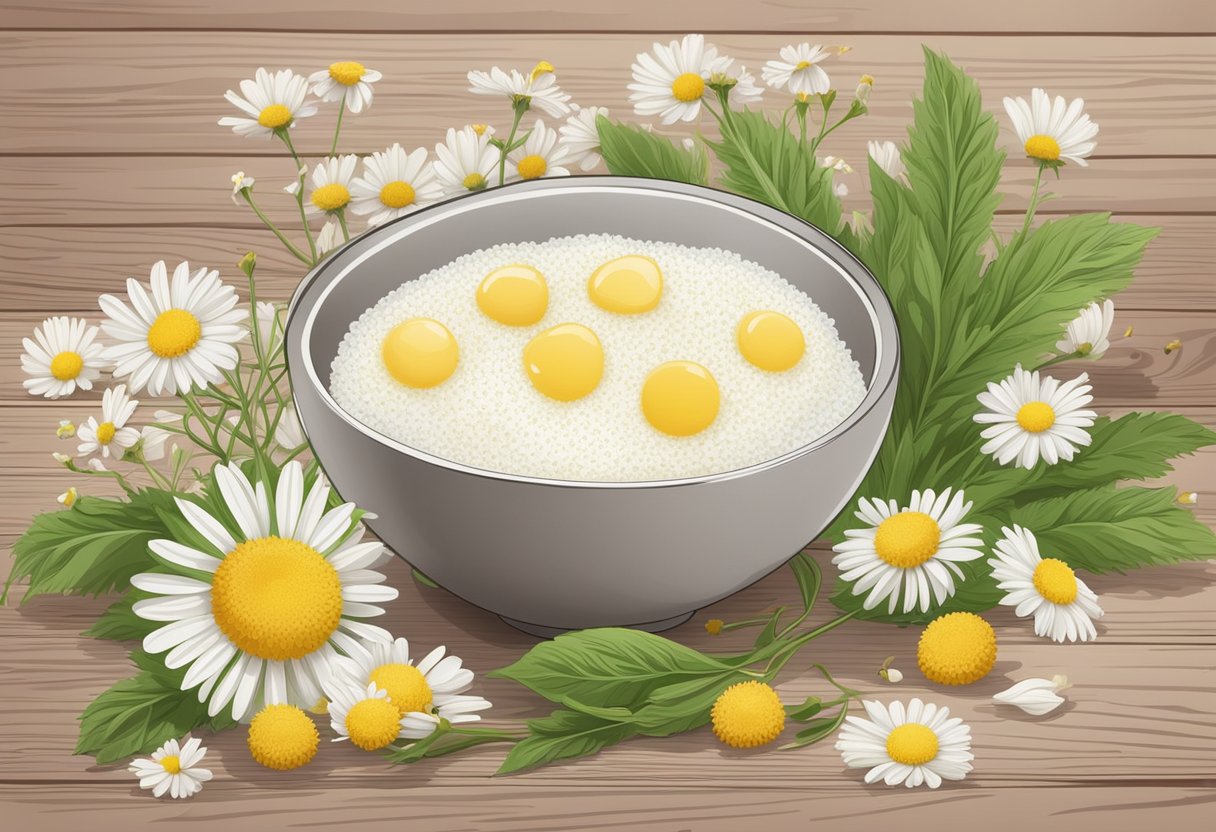 A bowl of chamomile and sugar lip scrub sits on a wooden table surrounded by fresh chamomile flowers and ingredients for homemade skincare solutions