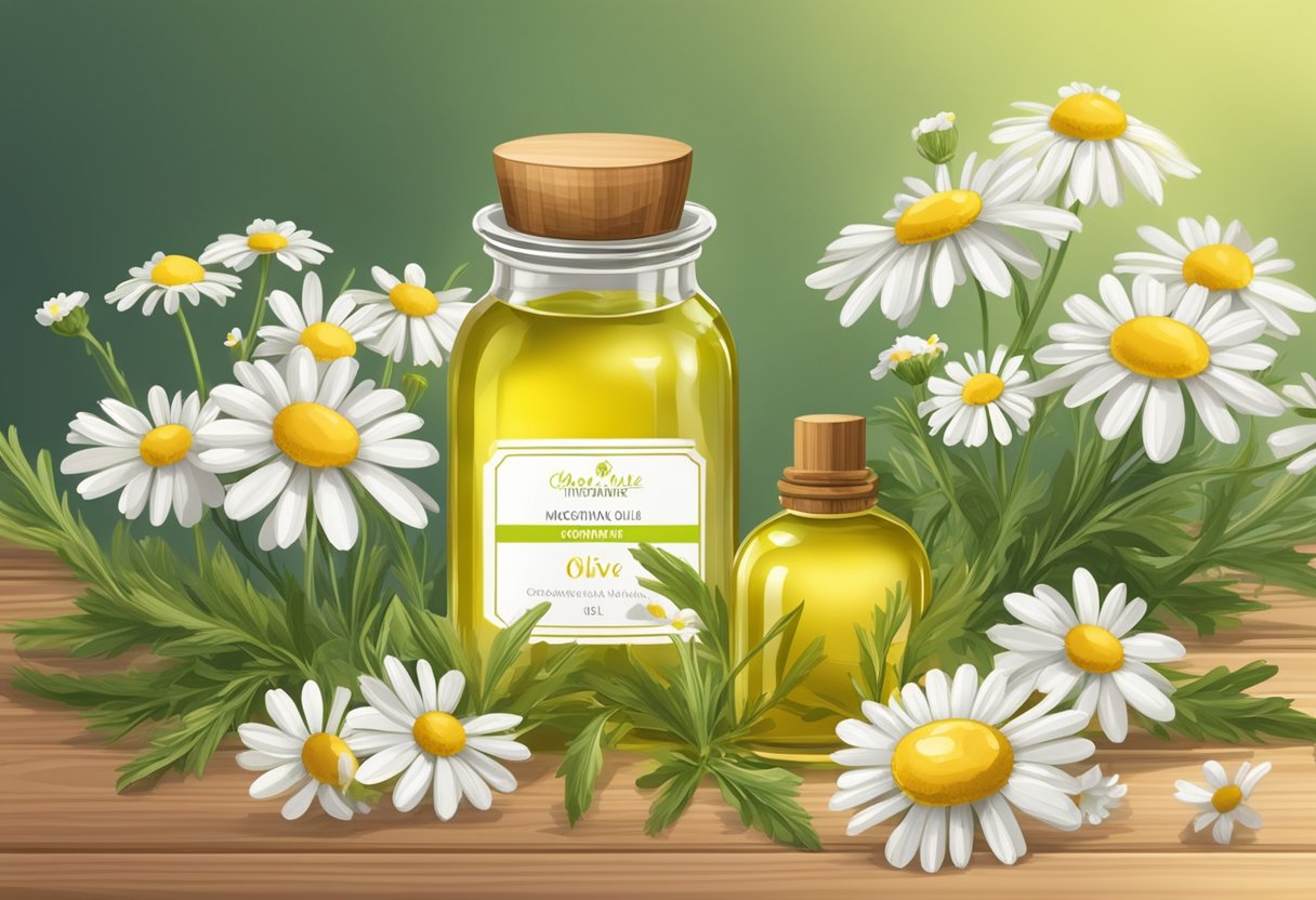 A small glass jar filled with chamomile and olive oil moisturizer sits on a wooden table, surrounded by fresh chamomile flowers and a bottle of olive oil