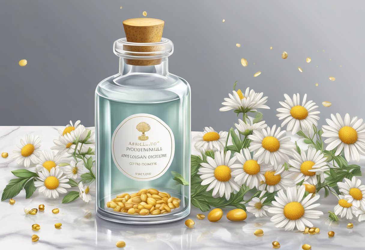 A clear glass bottle with a dropper sits on a marble countertop. Chamomile flowers and argan nuts are scattered around the bottle