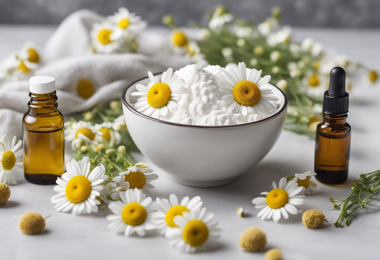 A bowl of chamomile and clay face mask sits on a clean, white surface surrounded by fresh chamomile flowers and a few essential oil bottles