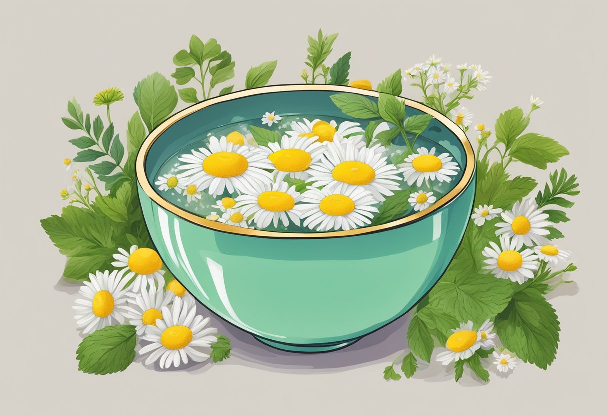 A bowl filled with chamomile and peppermint-infused water, surrounded by fresh herbs and flowers