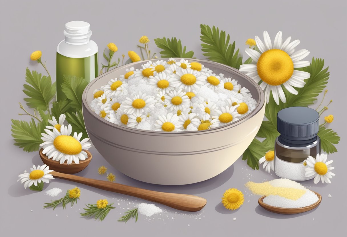 A small bowl filled with chamomile flowers and salt, surrounded by various homemade skincare ingredients and tools