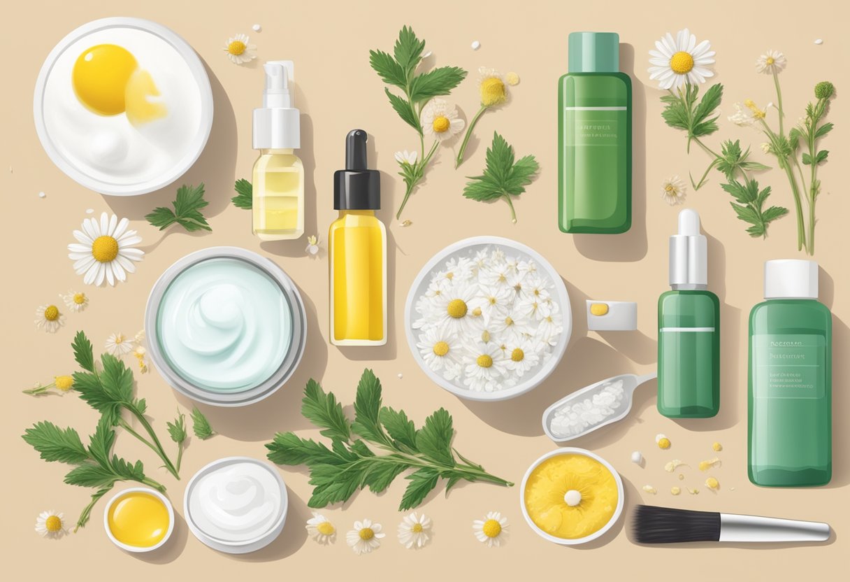 A table with various chamomile-based skincare ingredients and tools arranged neatly, with a list of 21 DIY solutions in the background
