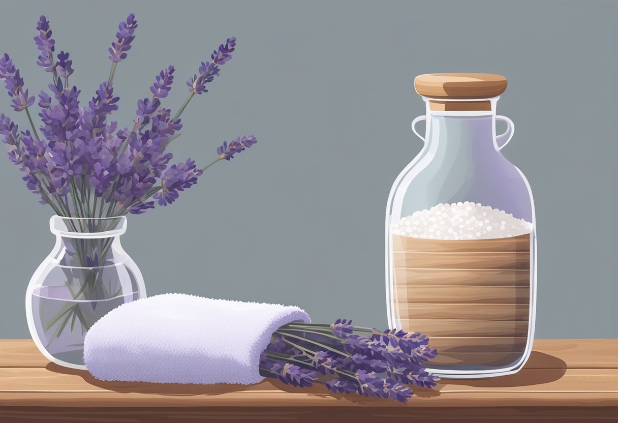 A clear glass jar filled with Epsom salt and lavender oil sits on a wooden shelf, surrounded by dried lavender flowers and a soft towel