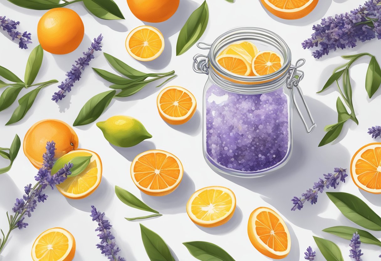 A clear glass jar filled with Epsom salt and orange peel sits on a white marble countertop, surrounded by fresh citrus fruits and a sprig of lavender