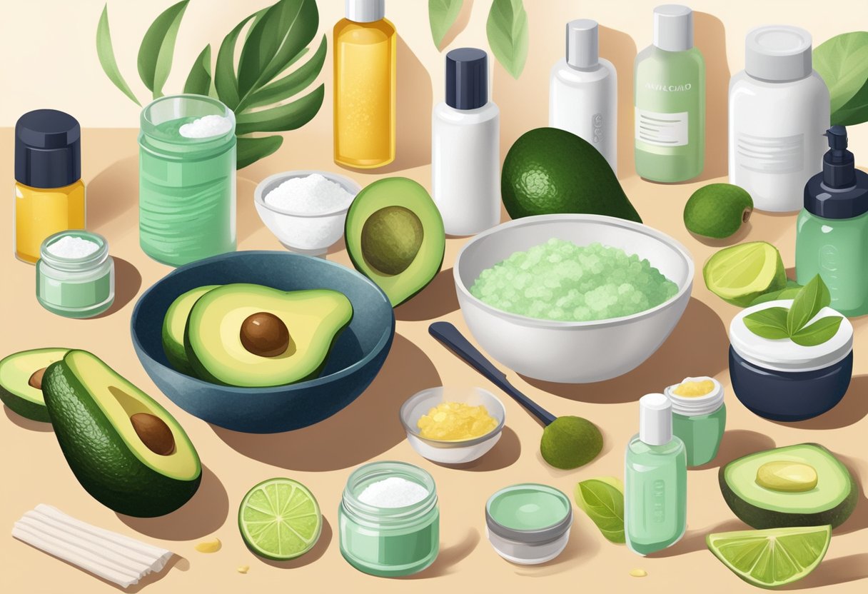 A bowl of Epsom salt and avocado oil mixed together, surrounded by various skincare ingredients and tools on a clean, organized countertop