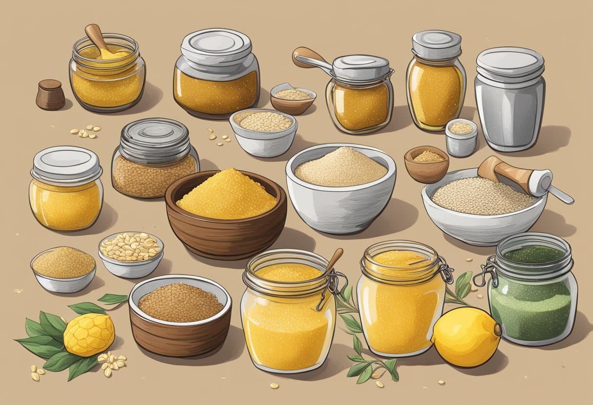 A table filled with assorted ingredients like honey, oats, and lemon. A mortar and pestle sits nearby for mixing. A variety of containers and jars are scattered around, labeled with different homemade anti-blackhead face scrub recipes