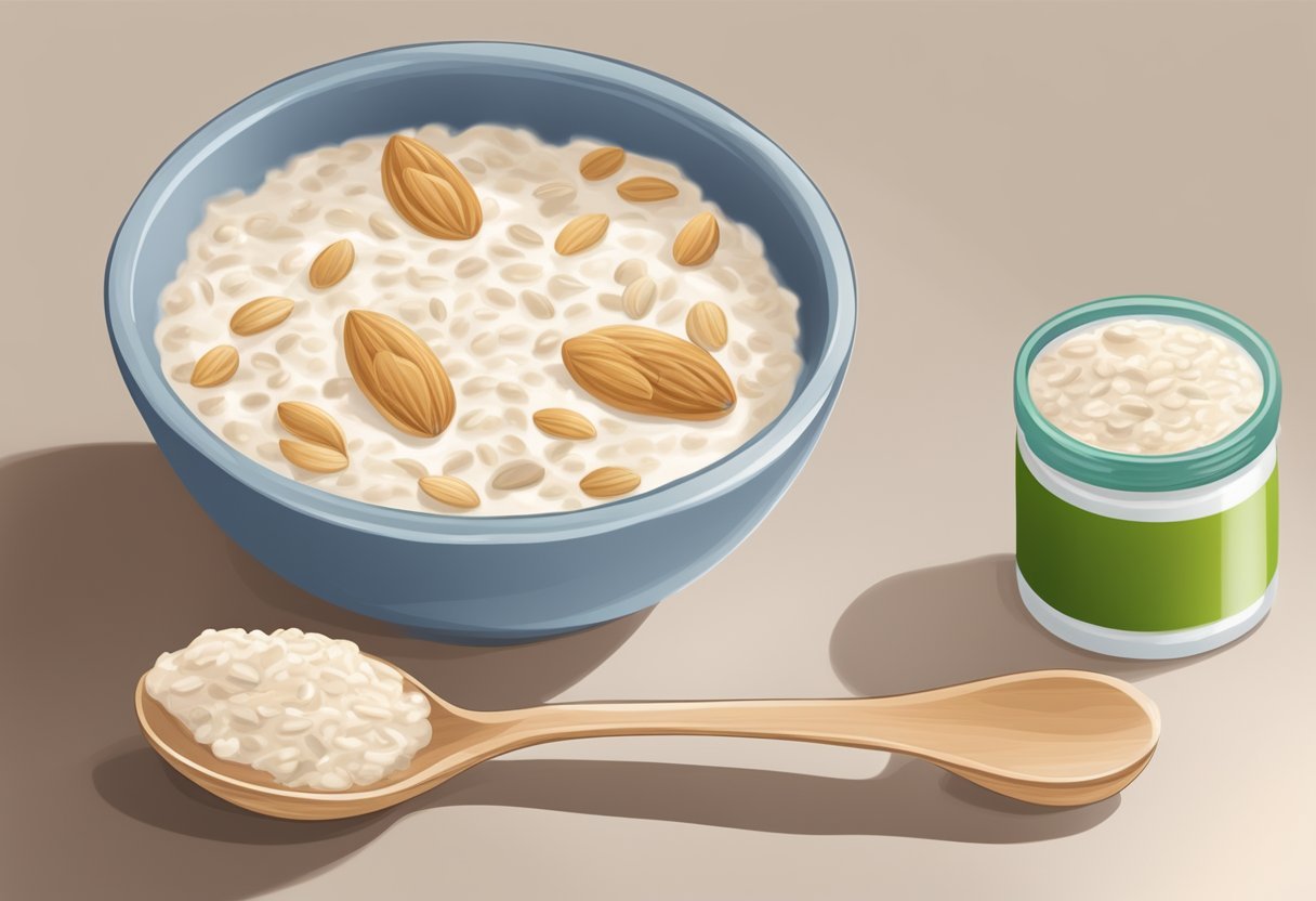 A bowl of oatmeal and yogurt mixed together, with a spoon and small jar of scrub nearby