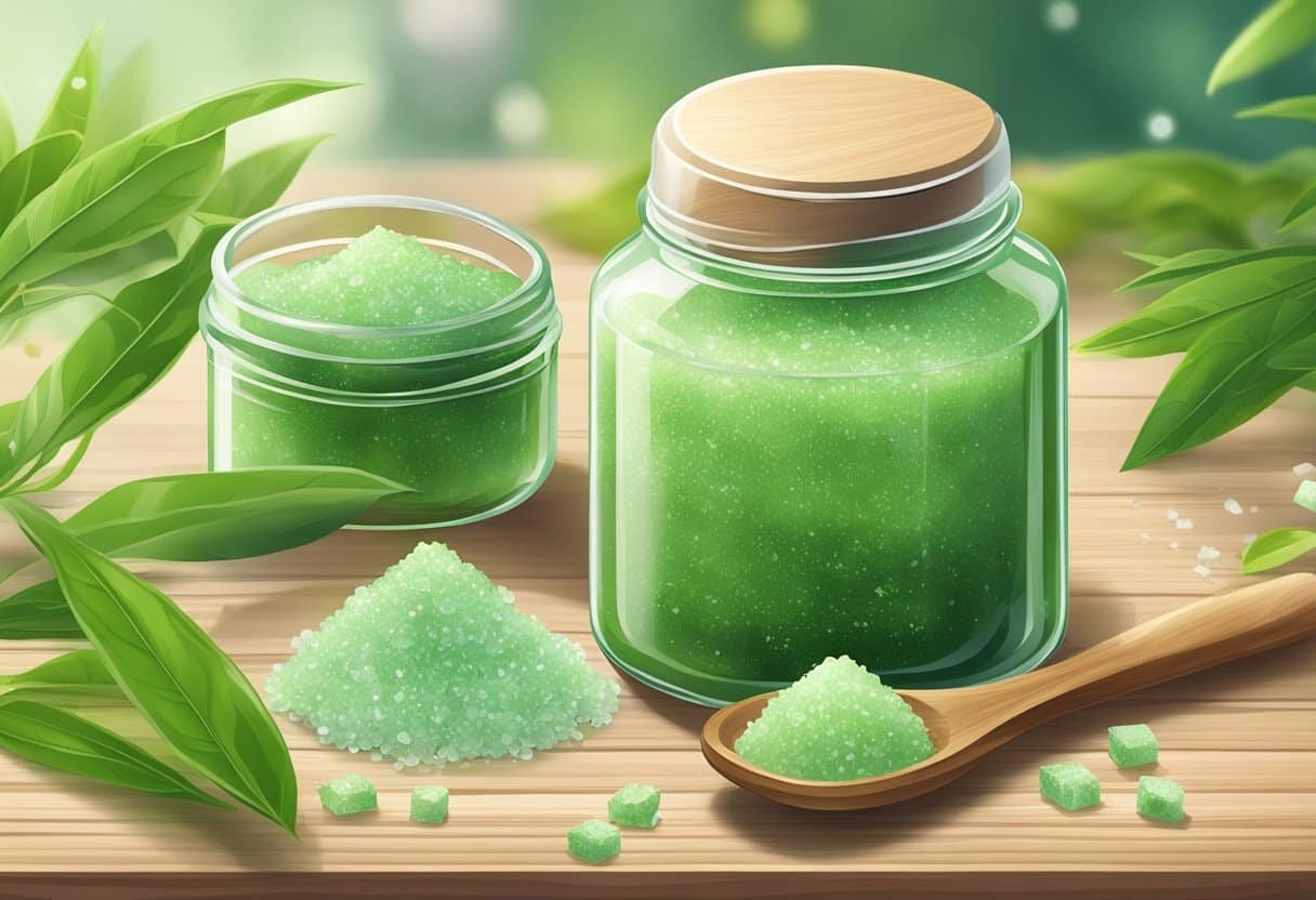 A small glass jar filled with green tea and sugar scrub, sitting on a wooden table surrounded by fresh ingredients like green tea leaves and sugar crystals