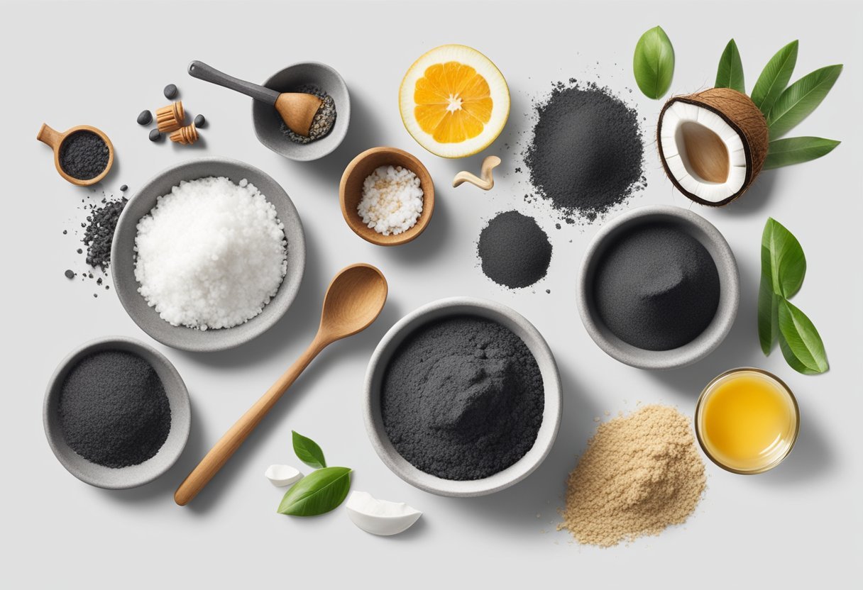A small bowl filled with activated charcoal and coconut oil scrub, surrounded by various ingredients and a mortar and pestle on a clean, white countertop