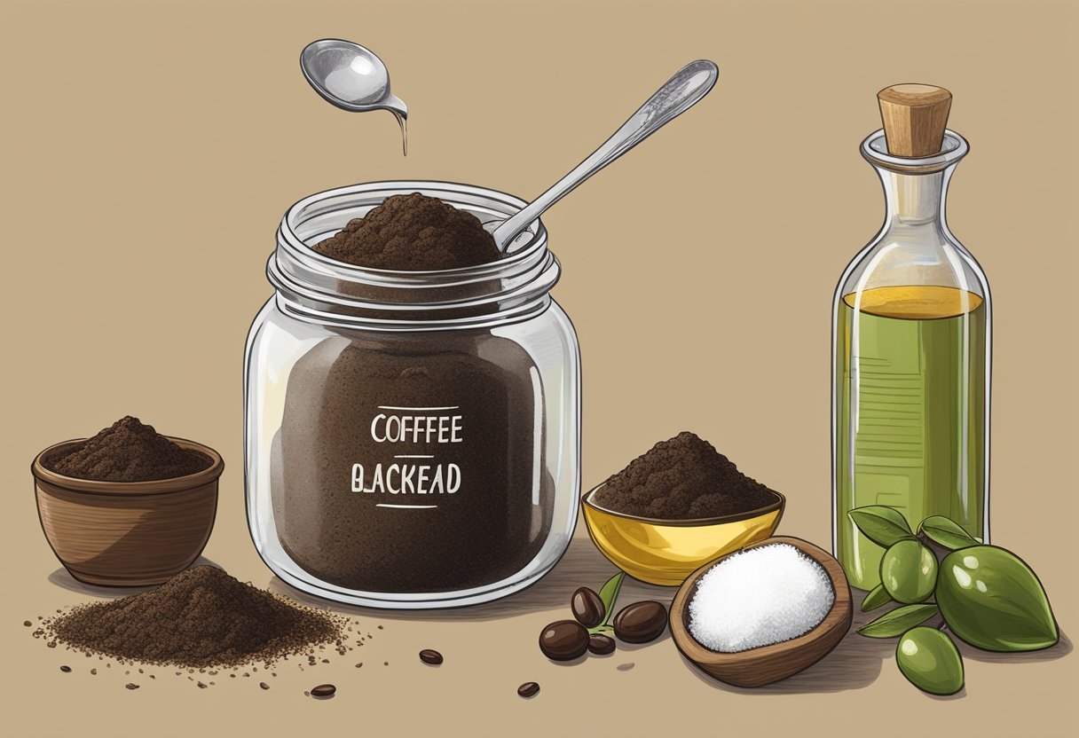 A table with ingredients: coffee grounds, olive oil, and a mixing bowl. A spoon scoops the mixture into a glass jar labeled "Anti-Blackhead Face Scrub."