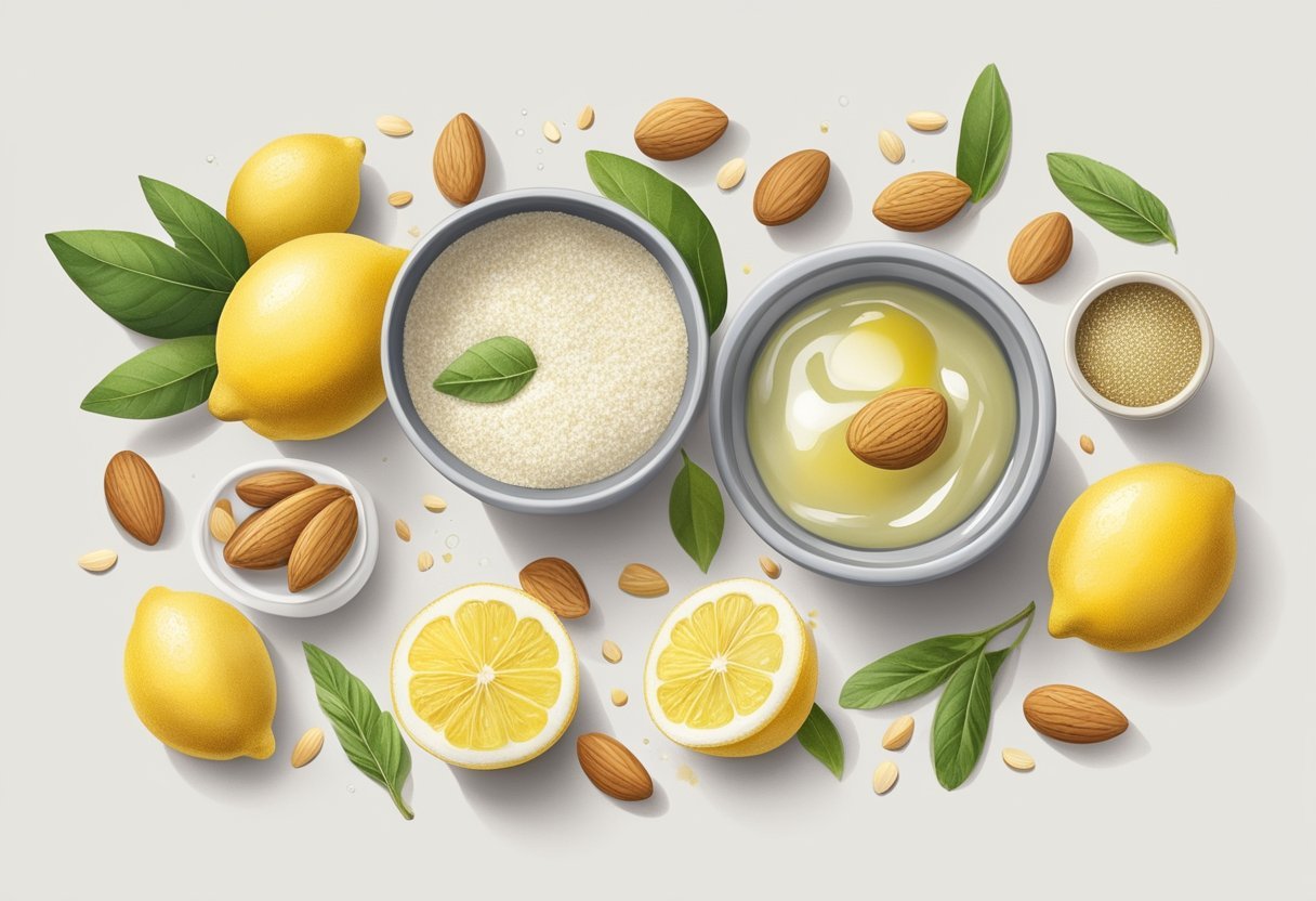 A small bowl filled with almond meal and lemon, surrounded by various ingredients like honey and olive oil, on a clean, white countertop