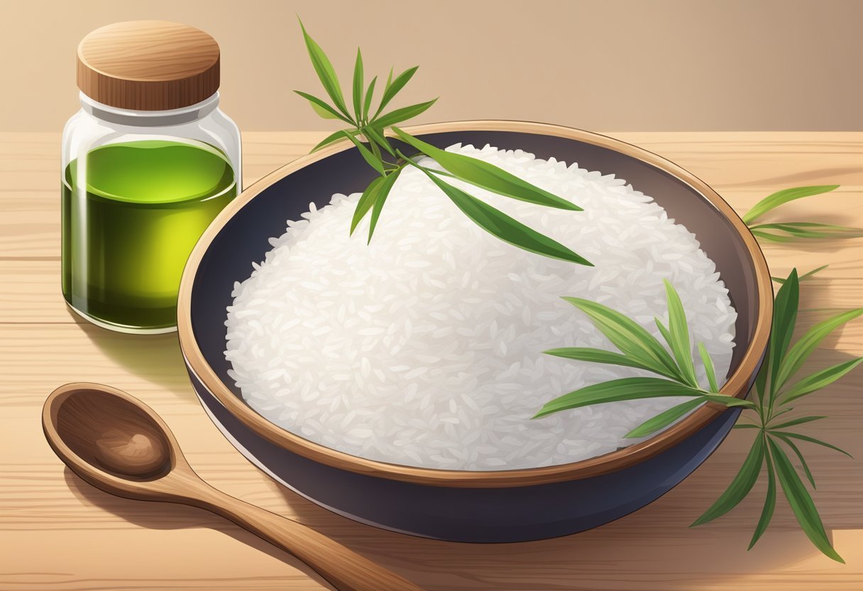 A small bowl of rice flour and tea tree oil sits on a wooden table. A spoon is mixing the ingredients together to create a homemade face scrub