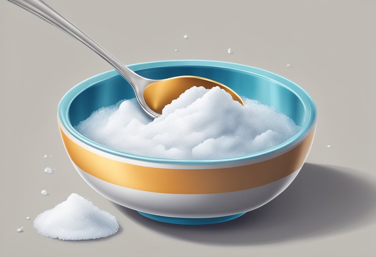 A bowl of baking soda and water mixed together, forming a thick paste, with a spoon nearby