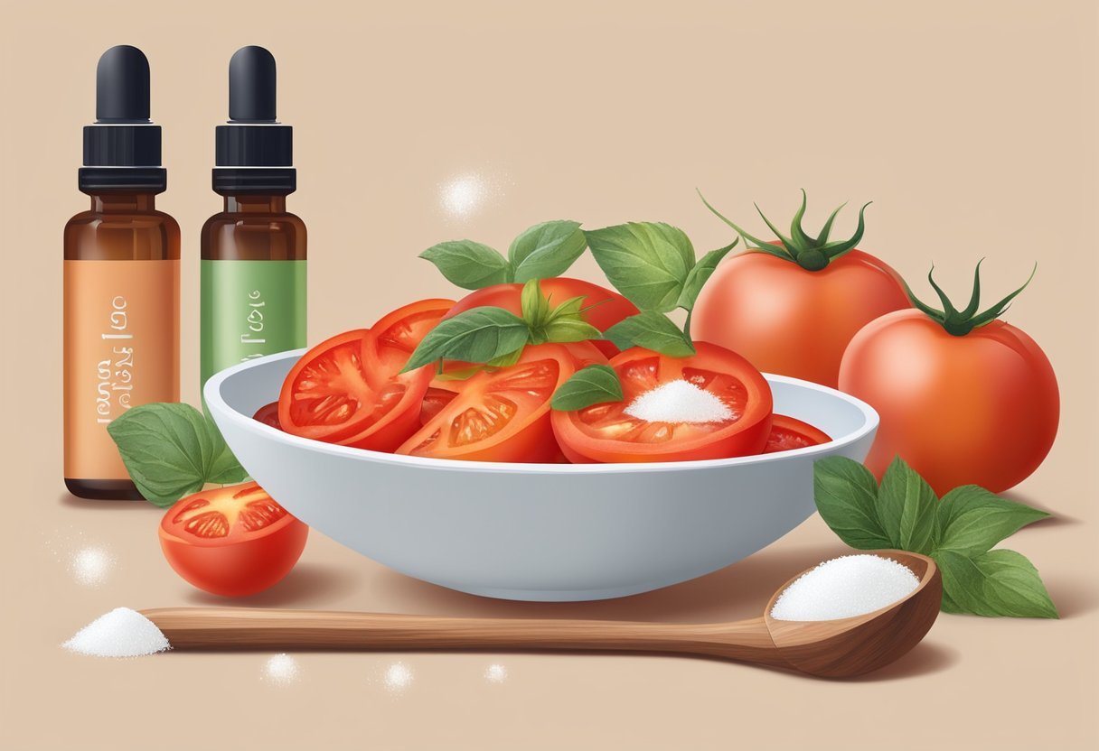 A bowl of tomatoes and sugar mixed together, with a wooden spoon, surrounded by various skincare ingredients and essential oils