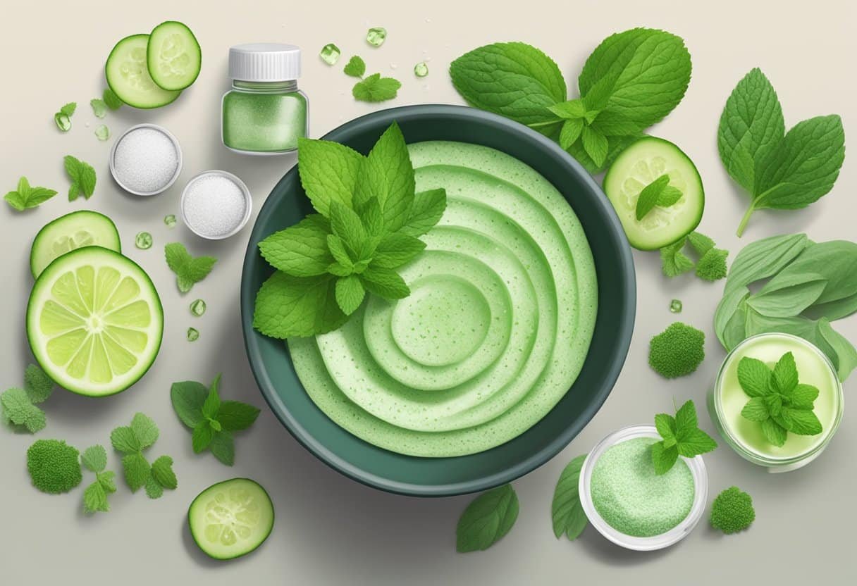 A bowl of crushed cucumber and mint mixed with exfoliating ingredients, surrounded by fresh herbs and skincare products