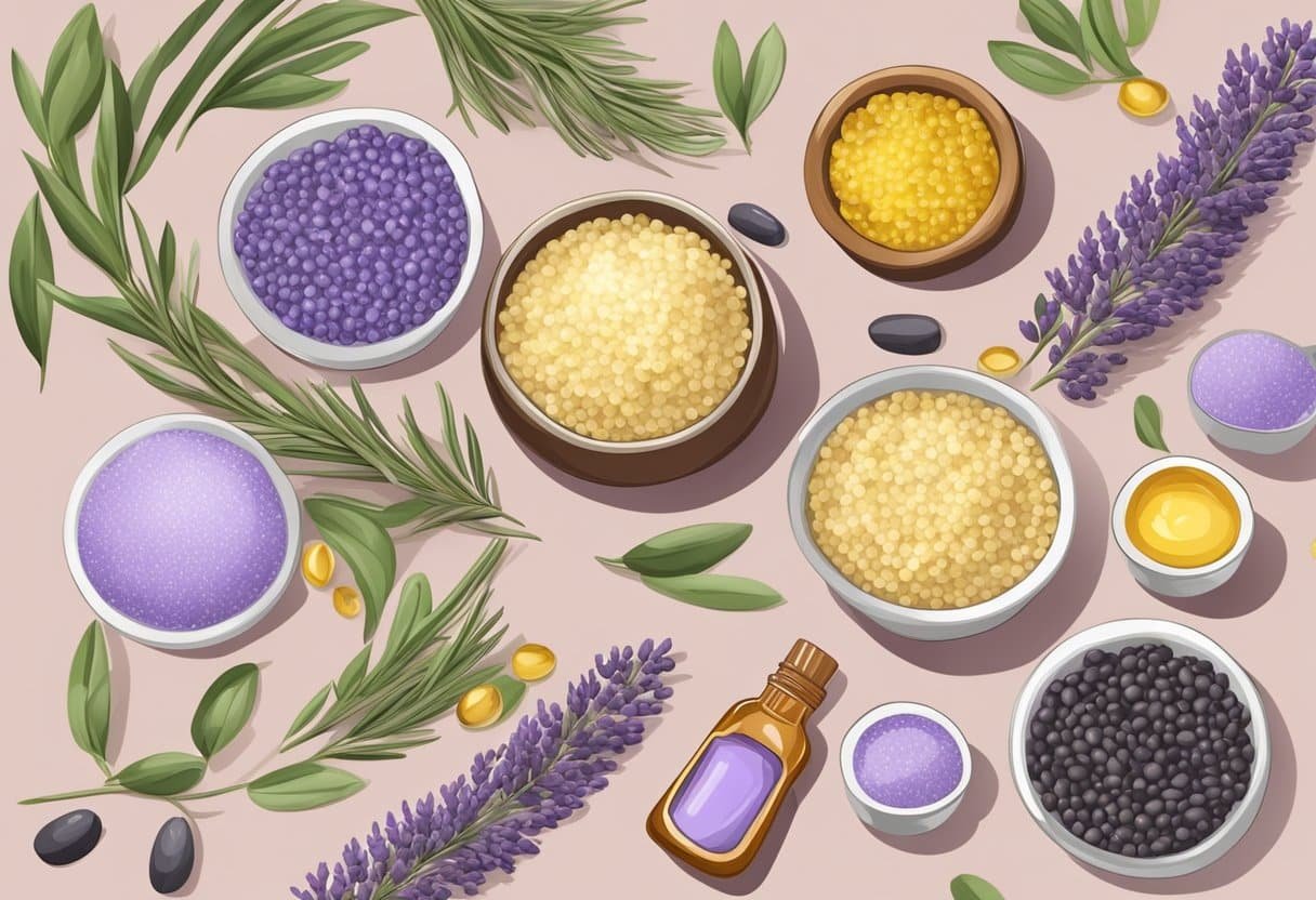 A bowl filled with jojoba beads and lavender oil, surrounded by various ingredients for homemade face scrub