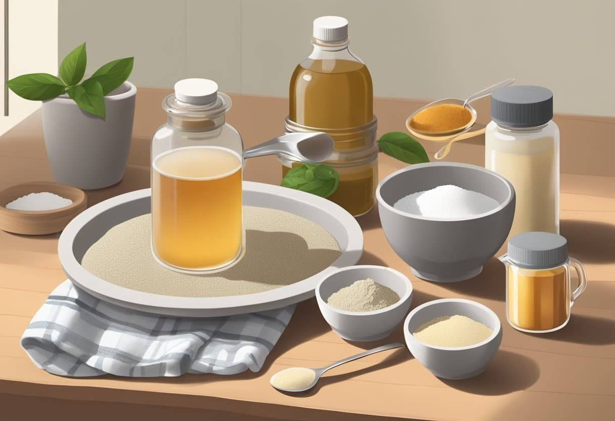 A bowl of bentonite clay and apple cider vinegar mixed together, with a spoon and measuring cups nearby. Various essential oils and other ingredients are laid out on a clean, organized countertop