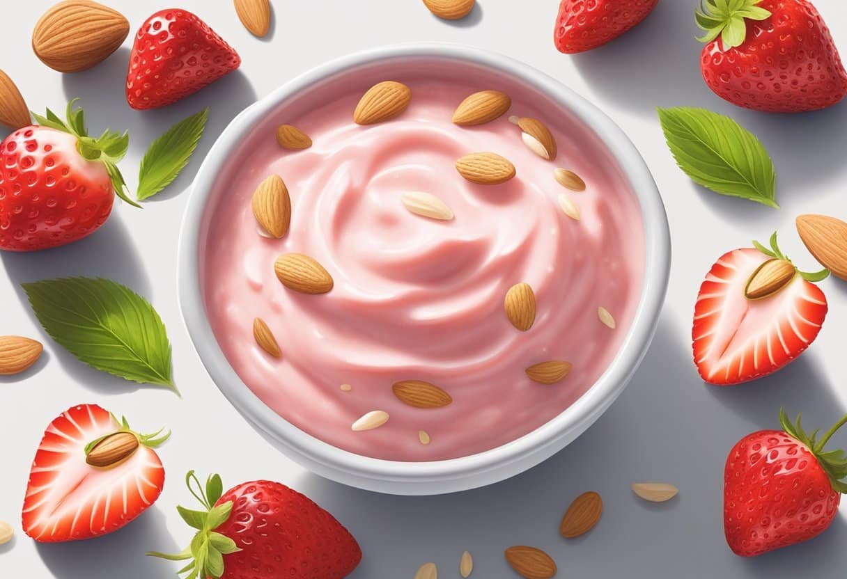 A bowl of strawberry and almond oil scrub sits on a white table, surrounded by fresh strawberries and almonds. The scrub has a soft, creamy texture and is illuminated by natural light