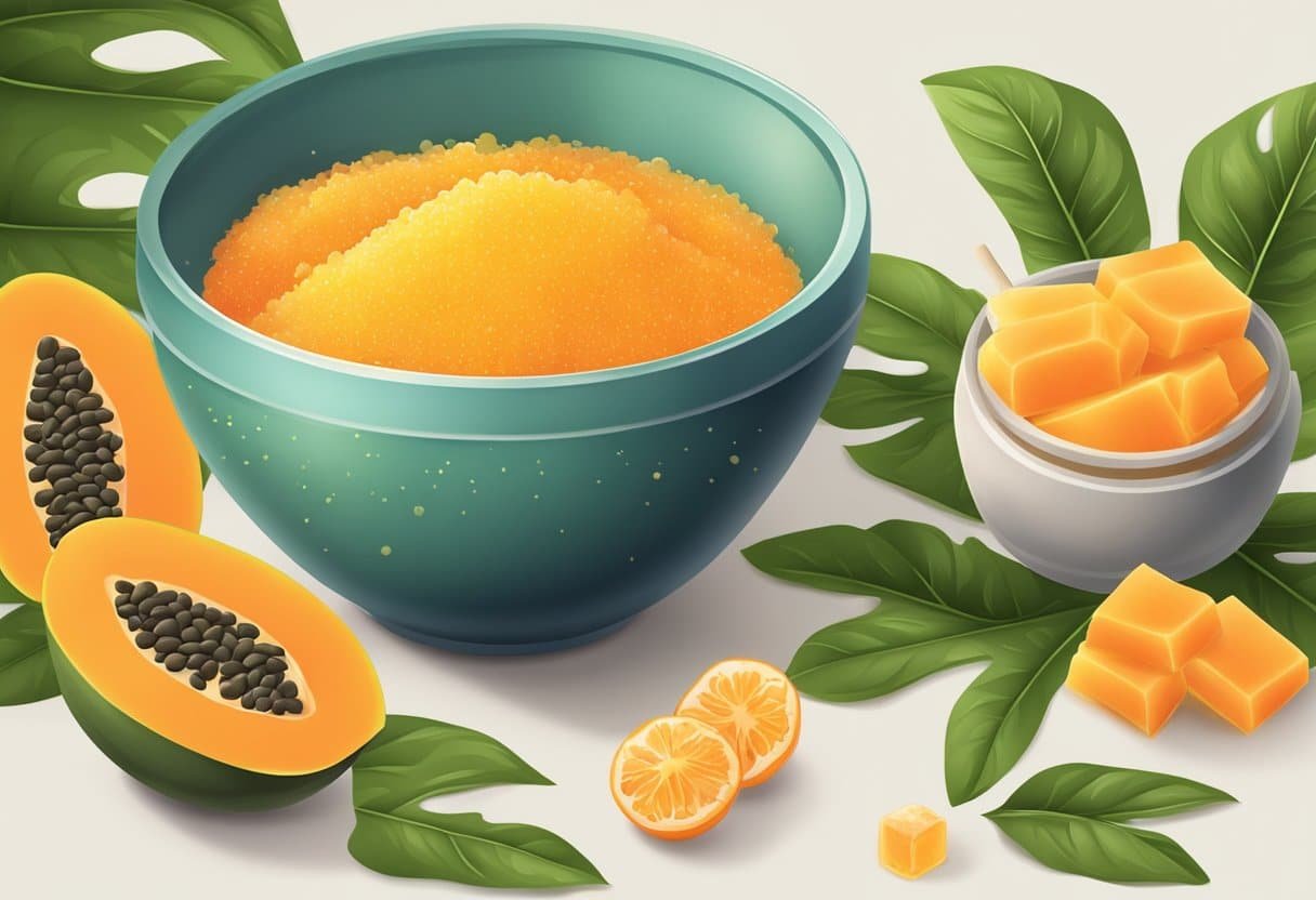A bowl of papaya and honey scrub, surrounded by fresh papaya and honey, with a brightening effect