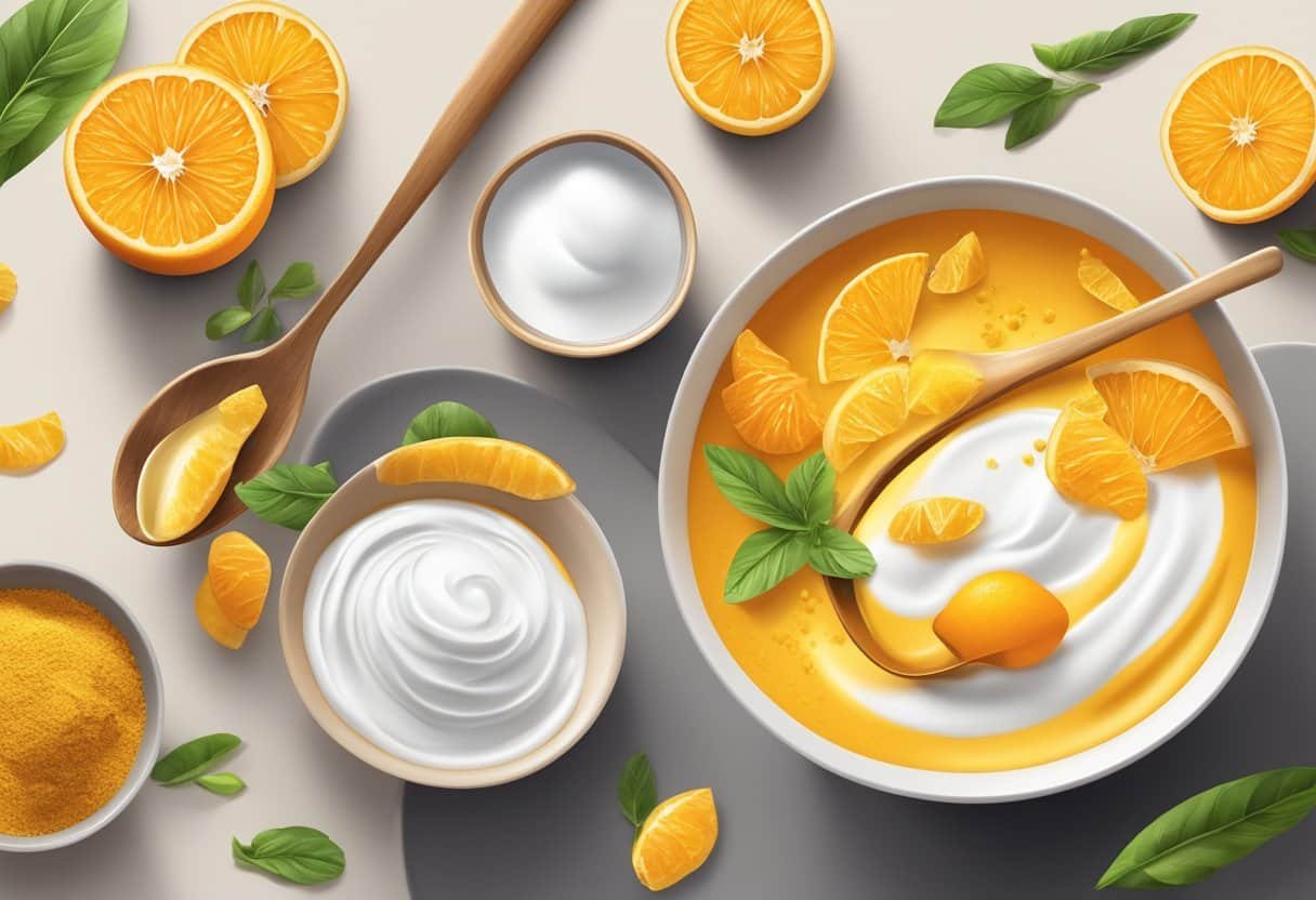 A bowl of orange peel powder and yogurt mixed together, with a spoon, surrounded by various ingredients like honey and turmeric