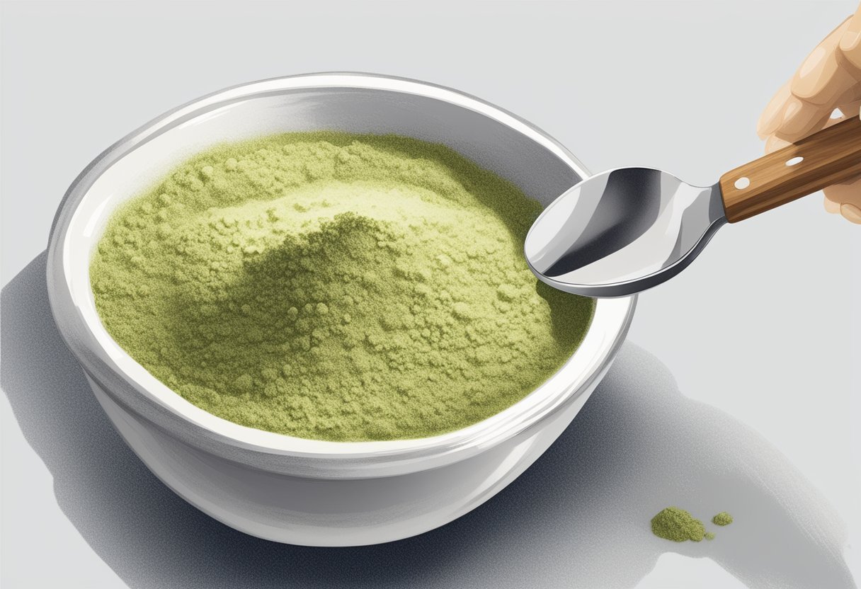 A small bowl filled with walnut shell powder and grapeseed oil sits on a clean, white surface. A spoon is mixing the ingredients, creating a thick, grainy scrub