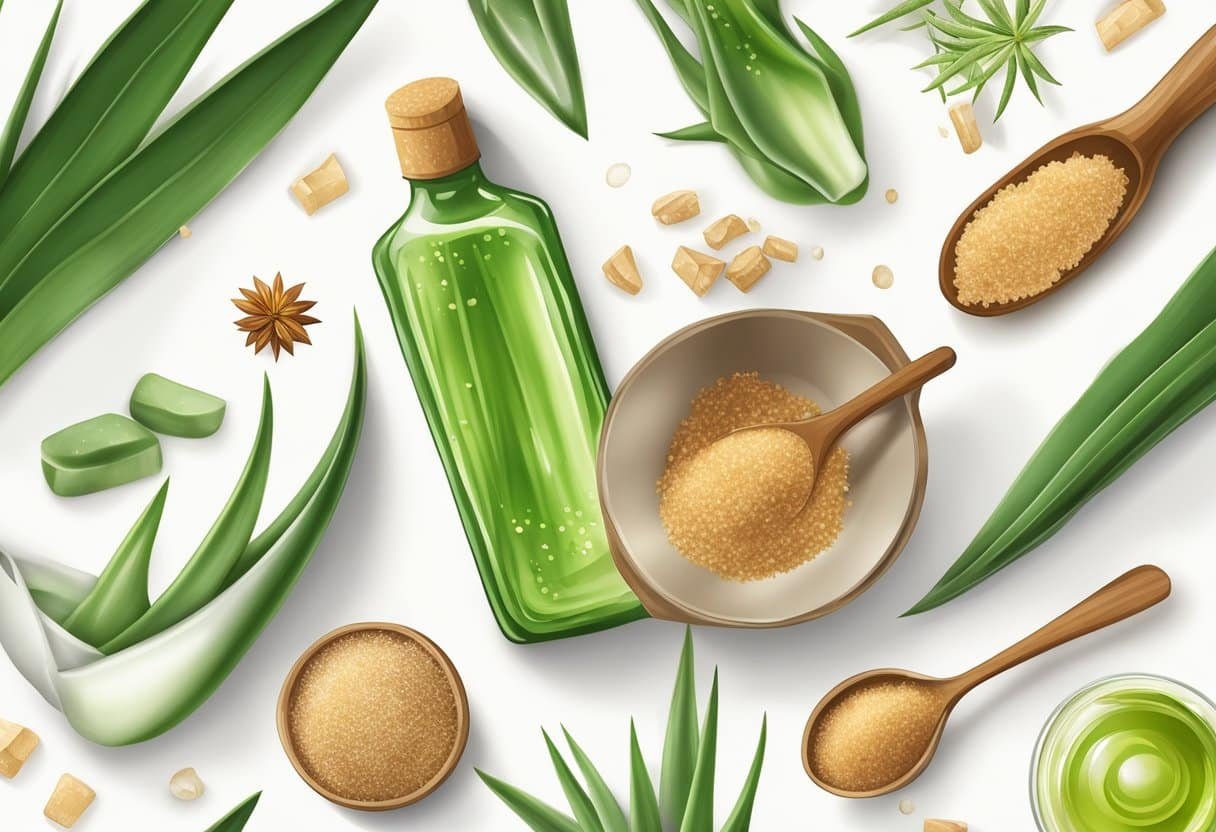 Aloe vera plant and brown sugar sit on a clean white surface, surrounded by ingredients like coconut oil and essential oils