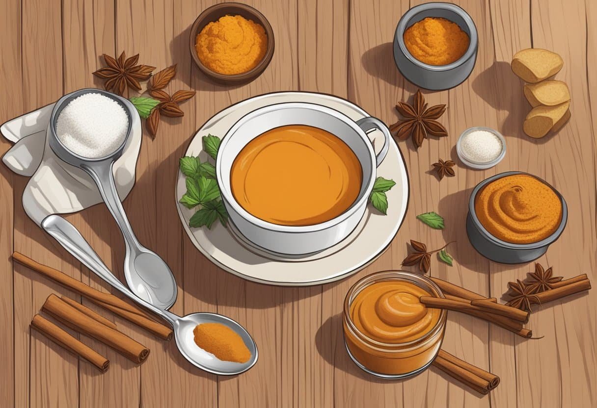 A small bowl of pumpkin puree and cinnamon spice sits on a wooden surface, surrounded by various ingredients and a mixing spoon