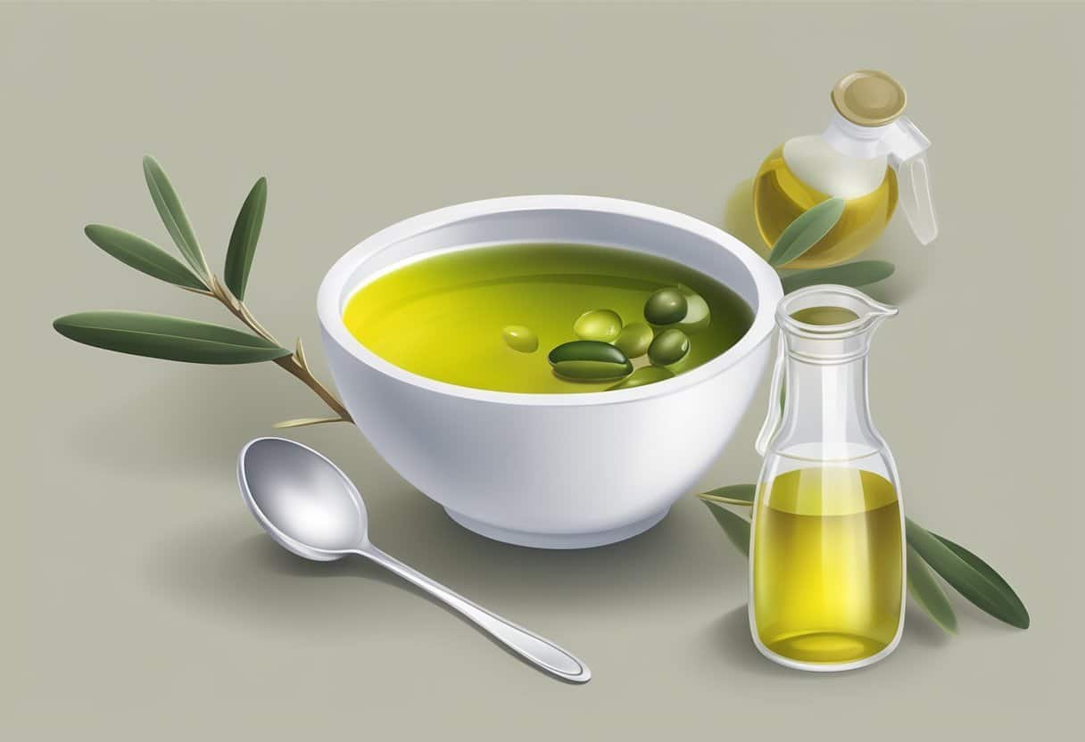 A bowl of Epsom salt and olive oil mixed together, with a spoon and a jar of Epsom salt and olive oil in the background