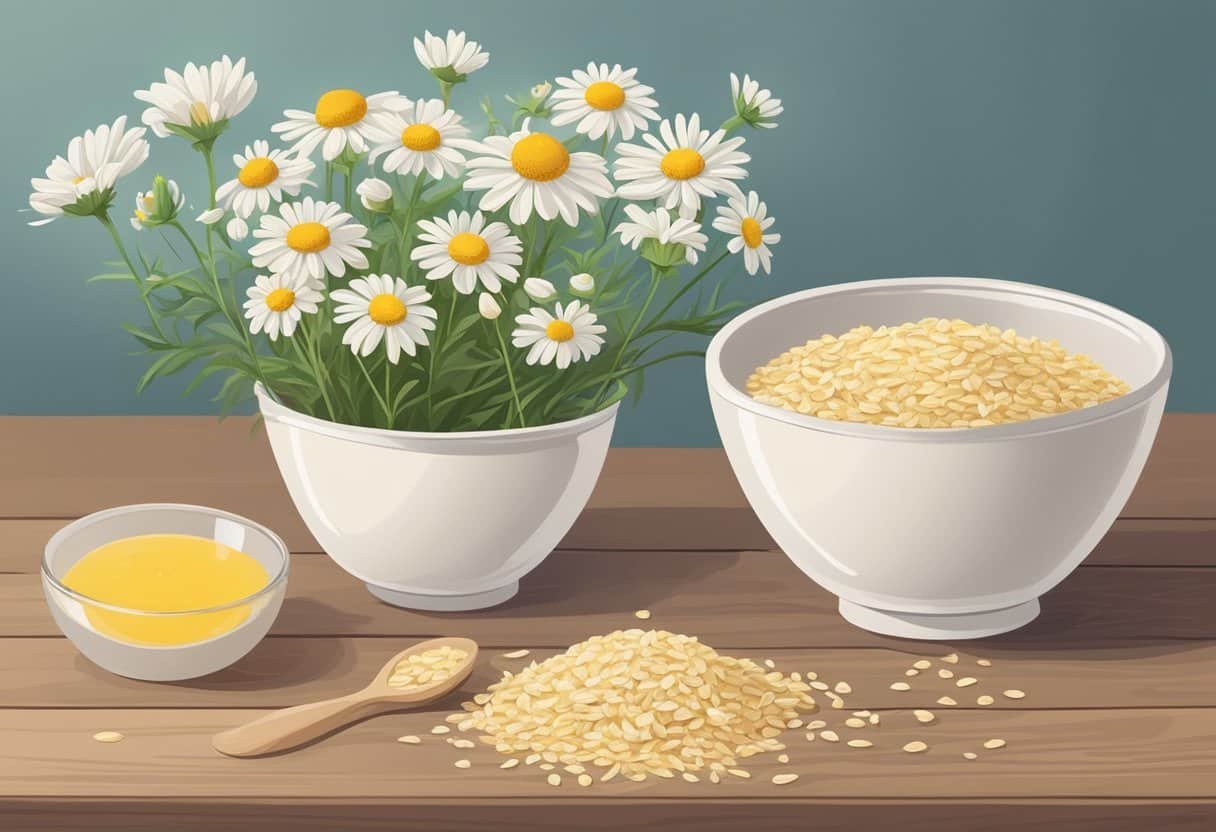 A bowl of chamomile and oats scrub sits on a wooden table, surrounded by fresh chamomile flowers and oats. The soft, calming colors of the ingredients create a serene and soothing atmosphere