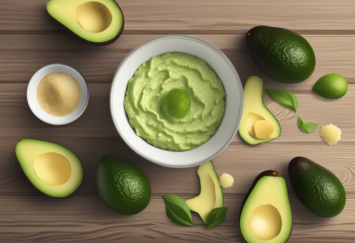 A bowl of avocado and salt scrub sits on a wooden table, surrounded by fresh avocados and a sprinkle of salt. The natural ingredients exude a sense of nourishment and purity