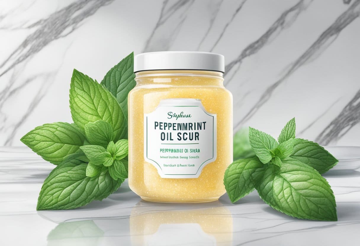 A glass jar filled with peppermint oil and sugar scrub sits on a marble countertop, surrounded by fresh peppermint leaves and a sprinkle of sugar