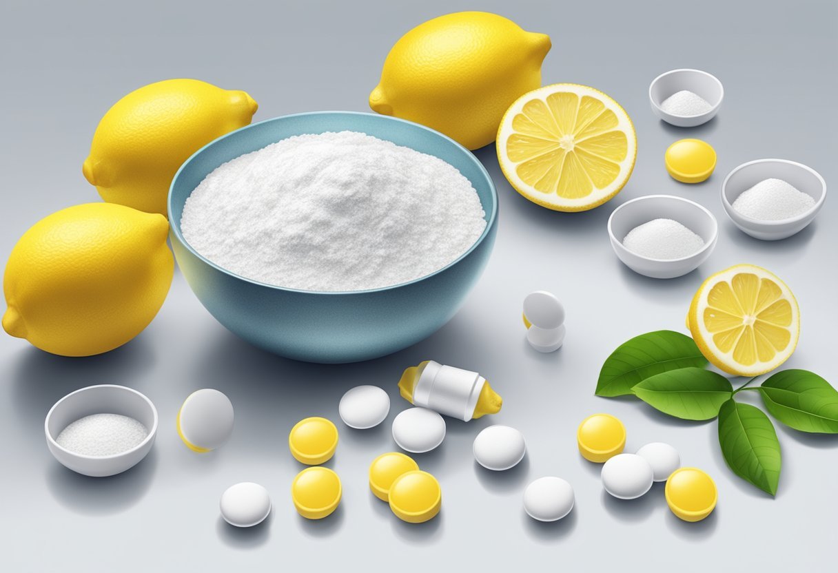A bowl of lemon juice and aspirin powder mixed together on a clean white surface, surrounded by fresh lemons and aspirin tablets