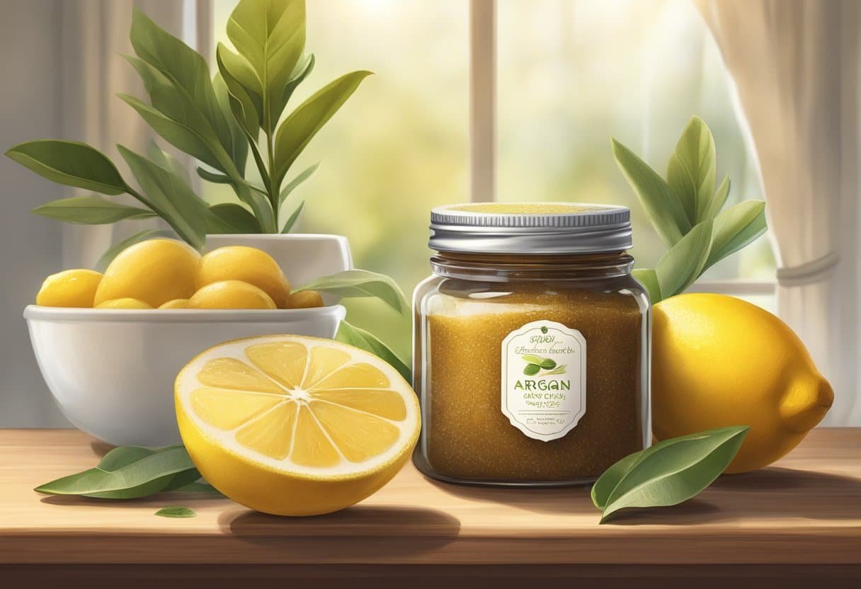 A glass jar filled with argan oil and sugar scrub, surrounded by fresh ingredients like lemons and honey. A soft, natural light illuminates the scene, creating a warm and inviting atmosphere