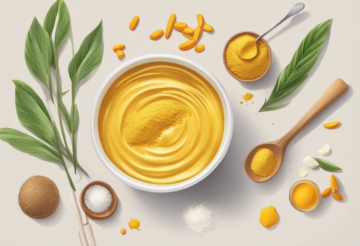A small bowl filled with turmeric and coconut milk scrub, surrounded by ingredients and a mixing spoon on a clean, bright surface