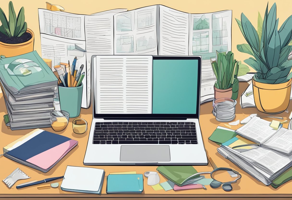 A cluttered desk with open books, scattered papers, and a laptop displaying "25 Best DIY Homemade Anti-Blackhead Face Scrub Recipes"