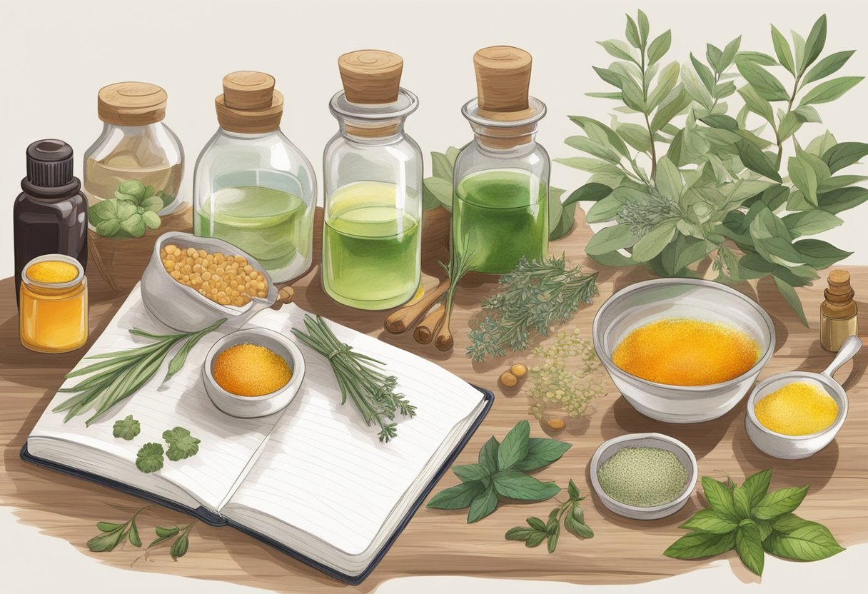 A table filled with various ingredients and containers, surrounded by essential oils and herbs. A notebook with handwritten serum recipes lies open next to a mortar and pestle