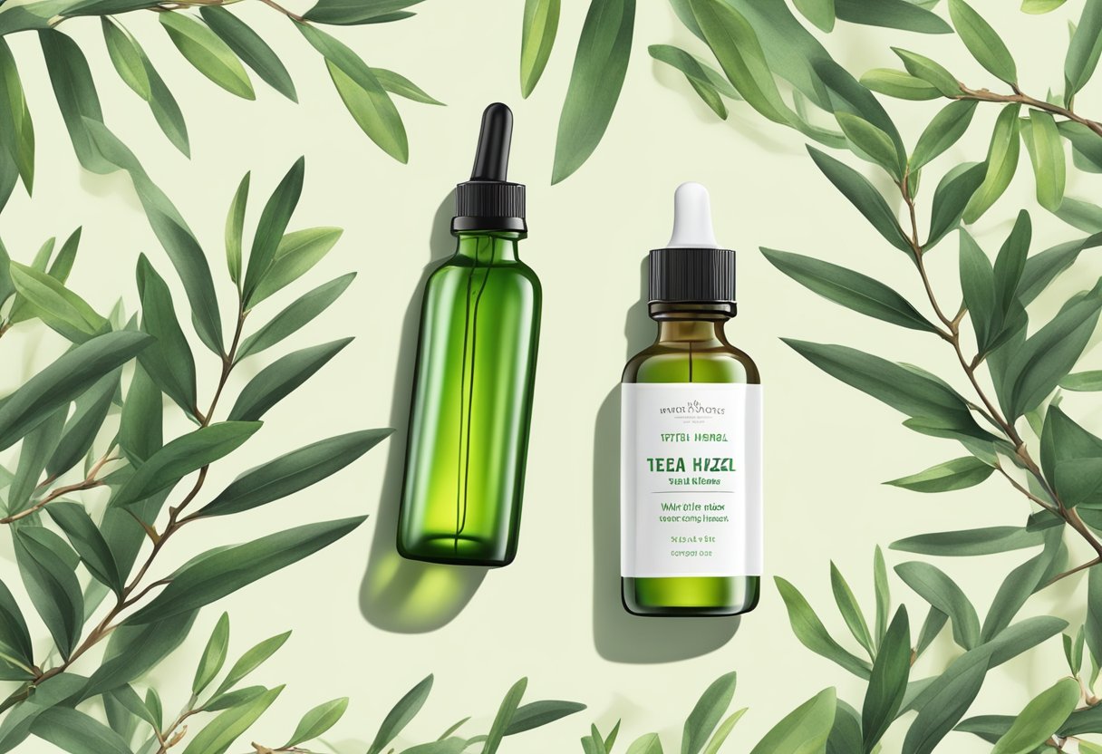 A clear glass bottle with a dropper filled with tea tree oil and witch hazel serum, surrounded by fresh tea tree leaves and witch hazel twigs