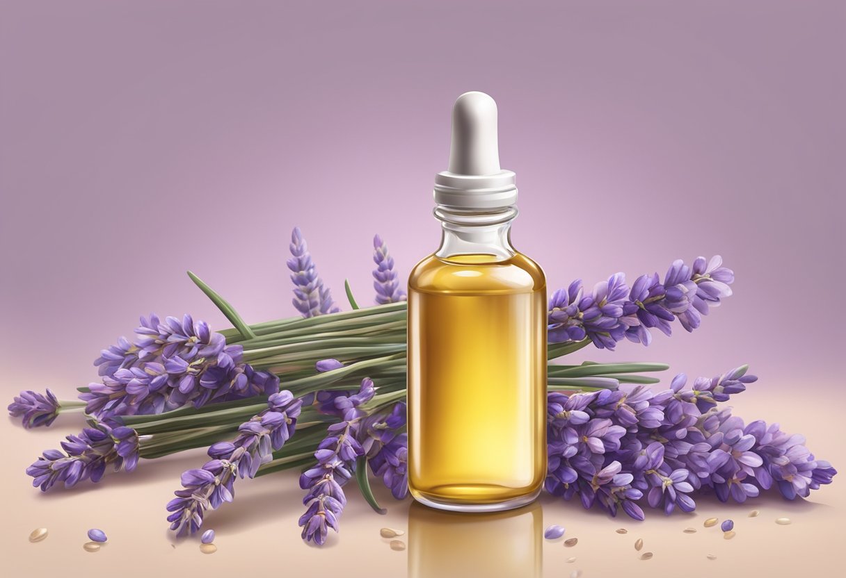 A clear glass bottle with a dropper filled with lavender and jojoba oil serum, surrounded by fresh lavender flowers and jojoba seeds