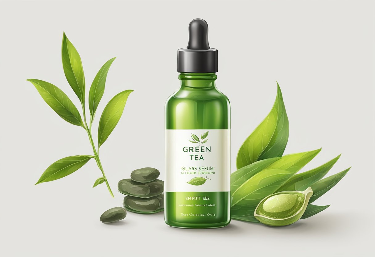 A glass bottle of green tea and vitamin E serum surrounded by ingredients like tea leaves and essential oils on a clean, white surface