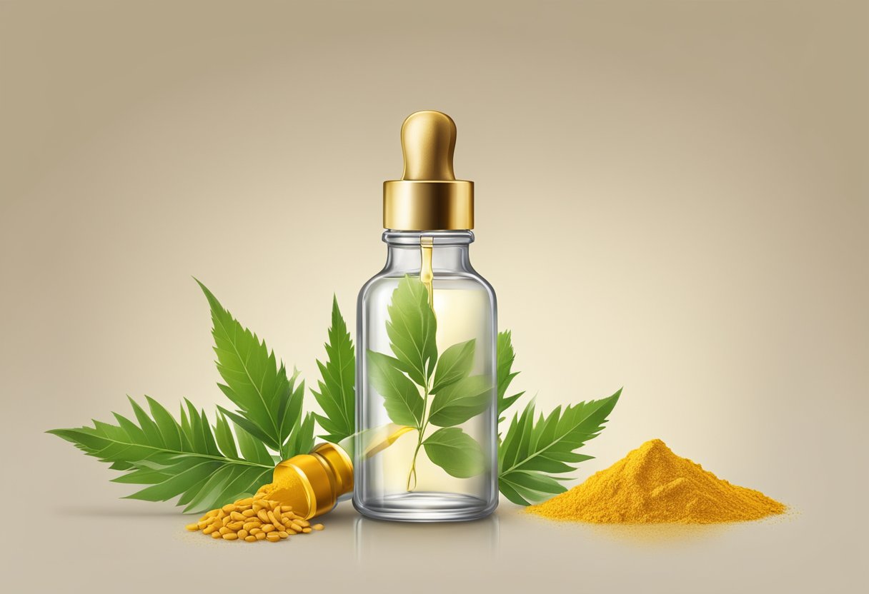 A clear glass bottle with a dropper filled with golden serum, surrounded by fresh neem leaves and turmeric roots