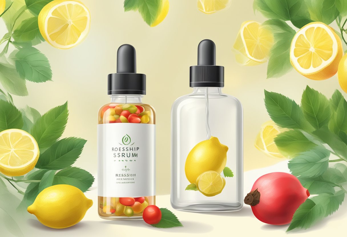 A clear glass bottle filled with rosehip and lemon serum, surrounded by fresh rosehips and lemons, with a bright and clean background