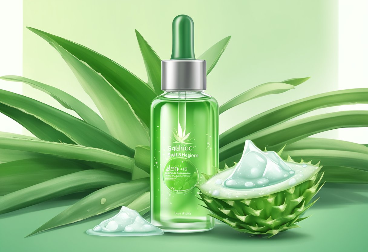 A clear glass bottle with a dropper containing a mixture of salicylic acid and aloe vera serum, surrounded by fresh aloe vera leaves and blackhead-fighting ingredients