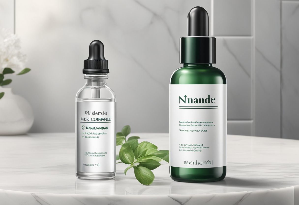 A clear serum bottle with a dropper sits on a marble countertop. Ingredients like niacinamide and zinc are displayed next to the bottle