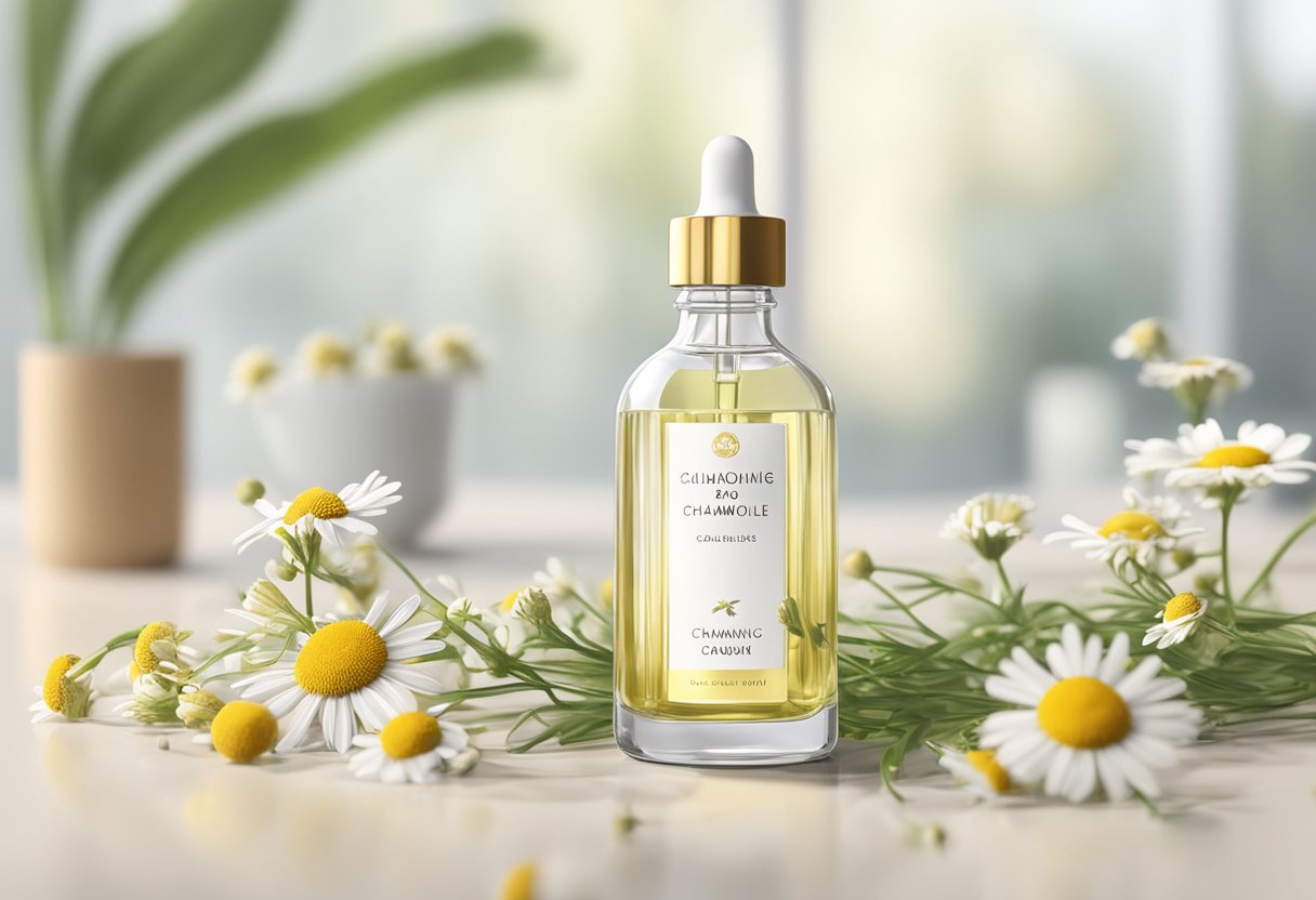 A clear glass bottle with a dropper filled with golden liquid labeled "Willow Bark and Chamomile Calming Serum." Surrounding it are fresh chamomile flowers and willow bark, with a backdrop of a clean and minimalist workspace